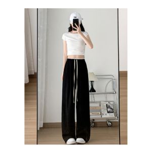 กางเกงขายาวผ้าไหมน้ำแข็งเอวสูงทรงหลวมสำหรับผู้หญิง กางเกงขายาวทรงหลวมสำหรับฤดูร้อน ทรงเข้ารูป เอวสูง ทรงหลวม ทรงเข้ารูป เอวสูง