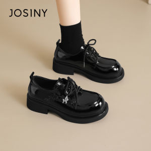 Josiny | Leather Oxford Shoes Women Black Elevating Thick Sole