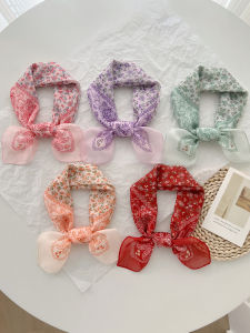 Korean Style Floral Print Scarf Womens Spring Summer Thin Retro Versatile Artistic Square Headscarf Decorative Fashion Accessory
