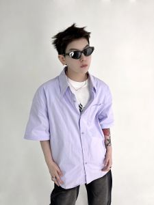 เสื้อเชิ้ตแขนสั้นผู้ชาย EAT ทรงหลวมสบาย ๆ ผ้าฝ้ายแท้ สไตล์ฤดูร้อน สีพื้น ทรงปกติ เสื้อเชิ้ตแฟชั่นสำหรับเยาวชน