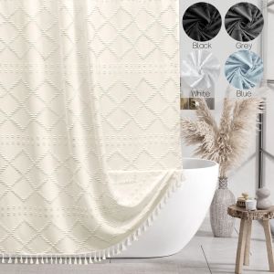 Soft Diamond-Patterned Shower Curtain - Waterproof  Fabric with Boho Tassels12 Plastic Hooks Included for Modern Bathroom