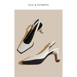 สไตล์ฝรั่งเศส รองเท้าแตะส้นสูงหัวเหลี่ยม ผู้หญิง ส้นหนา 2024 ฤดูใบไม้ผลิ ฤดูร้อน เดินทางใหม่ทาสี หนัง รองเท้าเดี่ยวหุ้มเท้า