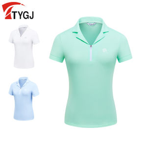 Womens Golf Summer Fashion Slim Fit Short Sleeve T-Shirt Sporty Breathable Comfortable Korean Style Open Collar Top