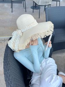 French Fashion Big Brim Lace Bow Straw Hat Womens Summer Seaside 2024 New Arrival Sun Protection Hat Sun Hat