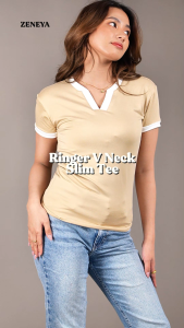 Zeneya V Neck Ringer Tee Slim Fit Double Lining T Shirt Tshirt For Woman Women Vneck Plain Cotton Top Tops Shirts Stretchable Slimfit Office Casual Wear Regular Plus Size