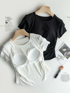 Wireless Short Sleeve round Neck Womens T-shirt with Chest Pad Gathered Bottom Hem Base Shirt Slim Fit Underwear Cotton Fabric