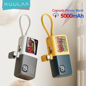 KUULAA 5000mAh 15W Original Powerbank Portable Mini Power Bank Built-in Cable Shake Led Display Powerbank For iPhone and Type-C Built in Cable Fast Charging for iPhone 15 Pro Max Samsung Xiaome Realme