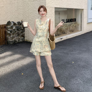 YINLUOYA | New Chinese Style Womens Summer Outfit Complete Set National Trend Two-Piece Suit Round Neck Polyester Fiber Short Pants
