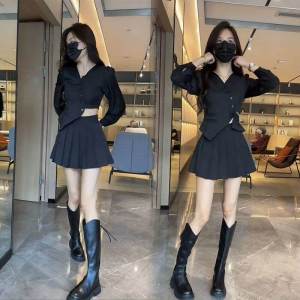 Fashionable Elegant Sweet Style Set Polyester Material V-neck Pleated Slimming Design Versatile Autumn New Arrival for Women