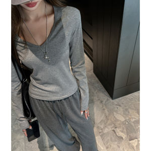 Gray V-neck Base Shirt Womens Inner Wear Silk Feel Dongyang Yuntu Clothing Long Pants Adjusted Waist Thickened Autumn Fashion