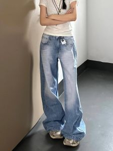 American High Street Light Blue Wide Leg Jeans Women Design Low Waist Worn Straight Tube Floor-Length Pants