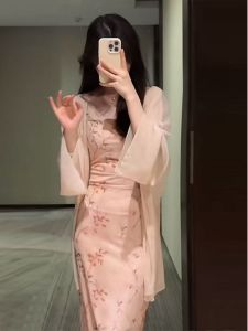 สไตล์จีนใหม่ ฤดูร้อน ผู้หญิง เสื้อป้องกันแสงแดดแบบบาง ผ้าชีฟอง เปิด คาร์ดิเกน ไหล่เล็ก สายคล้อง เดรส ผ้าคลุมไหล่ด้านนอก