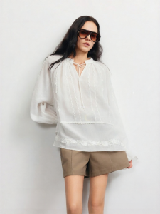Vero Moda | Linen Lyocell Blouse Female Summer New Design Tied Flared Sleeve Lace Retro Style
