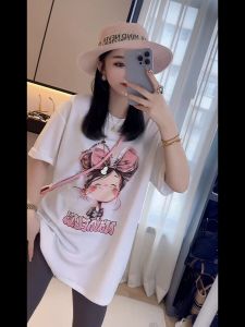 Sweet Girl Lazy and Loose Little Girl Print Pure Cotton Short-Sleeved T-shirt Womens Summer Niche Design round Neck Tops