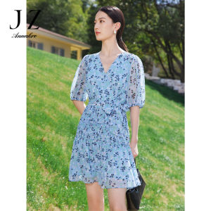 Summer Blue Chiffon Dress Womens V-neck Puffy Sleeve Pleated Skirt Casual Style Polyester Fiber Mid-waist Short Sleeve
