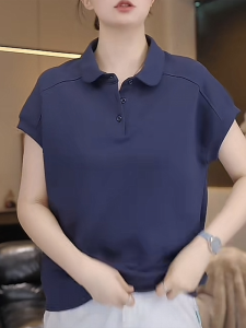 Shalldoer | Áo thun nữ tay ngắn cổ bẻ phong cách Hàn Quốc mùa hè màu trơn thoải mái vừa vặn đa năng áo thun cổ tròn