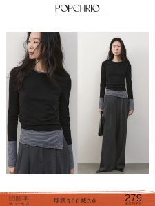Color Block Knitted Long Sleeve T-Shirt Slim Fit Layering Top POPCIO Casual Style Fashion Design Autumn Wear for Young Women