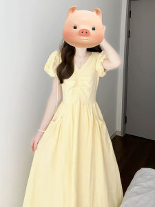 unifittoo | Elegant V-Neck Slimming Flared Sleeves Yellow Dress