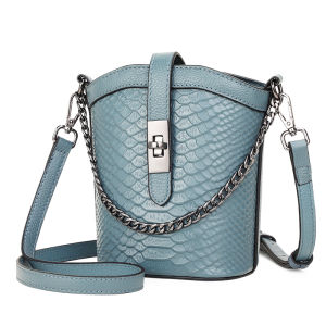 Aidrani  Fashionable crocodile patterned womens single shoulder crossbody bag made of cowhide material mini bucket bag blue