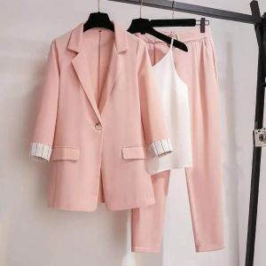 Wanita Blazer saman tiga keping Set saiz saiz besar saman rasmi saman santai korea menetakkan kot nipis + jaket + selear 3 unit pakej memakai Set