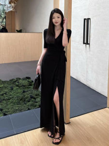 Homecore | Elegant French Style V-Neck Slit Long Black Dress Womens Summer Fashion Unique Design High Waist Short Sleeve T-Shirt Dress