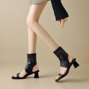 รองเท้าแตะส้นสูงแบบสวมหัวโล่งสำหรับผู้หญิงในช่วงฤดูร้อนปี 2025 ทรงหัวแหลม ส้นสูง 5 ซม. ดีไซน์แบบยูนิเซ็กซ์ วัสดุหนังแกะ