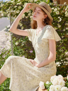 XIANGYING | Floral Yellow Slimming Waist Dress