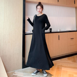 ชุดเดรสยาวคลุมเข่าทรงหลวมเอวสูงสีดำ แขนยาว ชุดเดรสผู้หญิงสไตล์เกาหลี ทรงหลวม ทรงหลวม ทรงหลวม