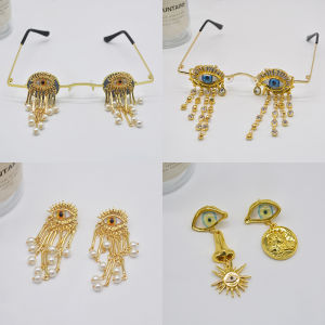 Vintage Golden Devil Eyes Eyeglasses Cosplay Halloween Party Accessories Demon Eyes Glasses Earrings With Tassels Luxury Badge