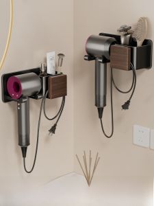 Walnut Wood Bathroom Hair Dryer Holder Wall Mounted Storage Shelf No Drilling Required Toilet Space Saver Organizer Rack
