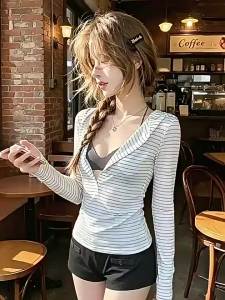 DUOFEIYAN | Striped Hooded Long Sleeve T-shirt Thin Summer UV Protection