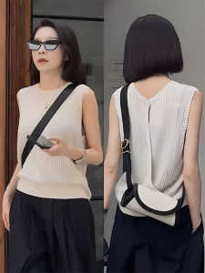 Black Cross Knitted Vest Women Summer New Ice Silk Sleeveless Back Design Sensation Small Audience Commute Korean Loose Fit
