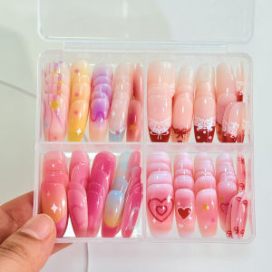 120Pcs Kawaii French Plaid Polka Dots Fake Nails Medium Oval Press On Nail Tips Spring Flower Cherry Wearable False Fingertips