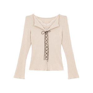 Design Soft Lace Trimmed V-Neck Stripe Womens Long Sleeve T-Shirt