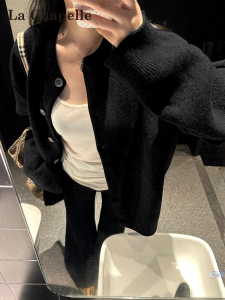 La Chapelle Black Loose Knitted Open Cardigan Womens Spring Autumn New Lazy Style Casual High-End Feeling Outerwear Sweater