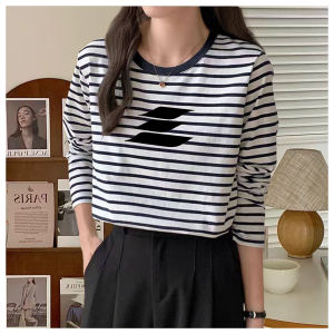 Pure Cotton round Neck Stripes Long Sleeves T-Shirt Female Loose Casual Fashion Best Selling Color Block Basic Shirt Tops Spring Autumn and Winter