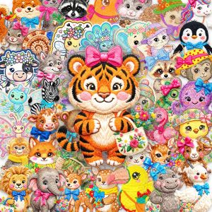 50 Pcs PET Traditional Embroidery Animal Transparent Stickers Healing Cartoon Waterproof Decals for Journal Laptop Phone