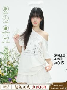 ELEVEN SLEEP Summer White Short Sleeve T-Shirt Womens Original Print Asymmetrical Shoulder Unique Match All Cotton Top