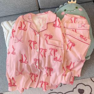 ชุดนอนผู้หญิงลายโบว์ เสื้อติดกระดุม กางเกงขายาว ชุดนอน 2 ชิ้น ชุดนอนผู้หญิง ชุดนอนลำลองสำหรับฤดูหนาว