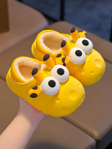 Childrens Cotton Slippers Thick Bottomed Fleece Lined Outdoor Wearable Slip-On Shoes with Back Strap Waterproof And Anti-Slip