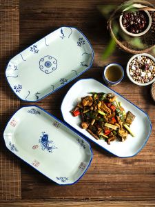 Blue And White Porcelain Plate Ceramic Steamed Fish Plate Rectangular Beautiful Dinner Plate Microwave Safe Cooking Utensil