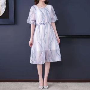 Tianshun Gaun Panjang Sutra Wanita Baju Panjang Sedang Bergaris-garis Pakaian Kasual Musim Panas Modis