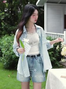 Quần Short Jean A-Line Ôm Cao Đ eo Có Kim Sa Xanh