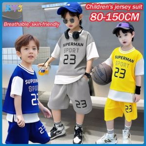 Kids Sville ชุดกีฬาเด็ก ชุดบอลเด็ก ฤดูร้อนรุ่นใหม่ ปลอมสองชิ้น กีฬากางเกงขาสั้นแขนสั้น ผ้าระบายอากาศ เสื้อเจอร์ซีย์เด็กผู้ชาย ชุดฝึกเด็กผู้หญิง