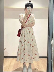 French Style Square Neck Waist Accentuating Floral Dress