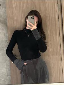 สลิมฟิต กึ่งสูง ปกเสื้อ แขนยาวถัก เสื้อท่อนบน สีดำ บล็อกสีตัดกัน ดีไซน์ ฤดูใบไม้ร่วง ฤดูหนาว เสื้อชั้นฐาน ผู้หญิง แฟชั่น