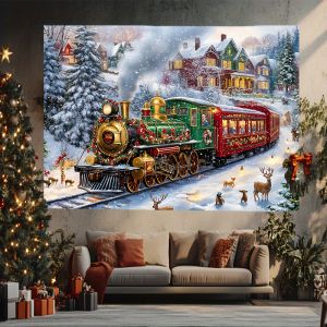 VIKAMA Christmas Snow Scene Train Tapestry Living Room Sofa Backdrop Wall Home Decor Christmas Party Room Decoration