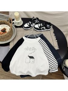 Boys round Neck Long Sleeve T-Shirt Children Baby Fashionable Casual Shoulder Insert Design Polyester Cotton Blend Top