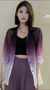 Newlan CS021 Shirt For Women gradien Kemeja LENGAN PANJANG KEMEJA RAYON  LENGAN PANJANG TIE DYE -Atasan Wanita Tie Dye Kancing Fantastic Gradation Outer ( Outer Only ) Korean Ombre Mesh T-Shirt Transparent Wanita Lengan Panjang baju pelindung matahari