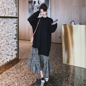 Plus Size Womens Clothing 150.00kg False Two-Piece Patchwork Sweater Dress Plus Size Ladies Spring & Fall Loose Slim Fit Slimming Dress Trendy 2